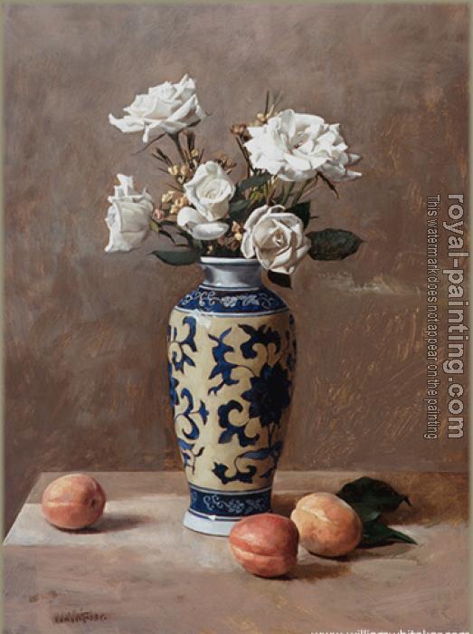 William Whitaker : White Roses and Three Apricots